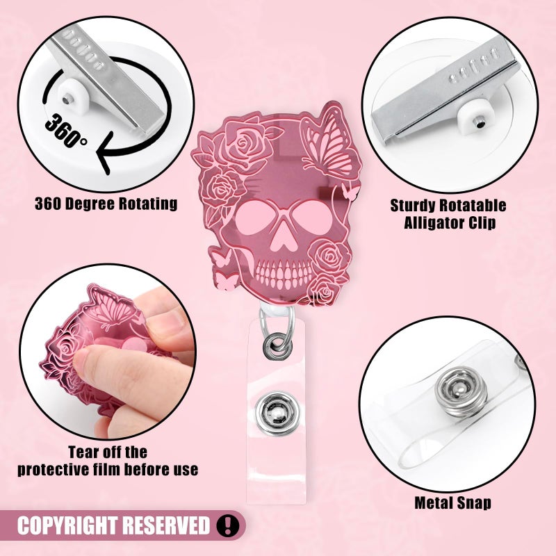 Xylolfsty Xray Badge Reels 4PCS هيكل عظمي قابل للسحب شارة كليب حامل مع مقطع التمساح مرآة الهالوين الاكريليك الضلع الجمجمة أنماط لطيف لراد RN ممرضة طبيب طالب الأشعة التكنولوجيا الهدايا - Image 2